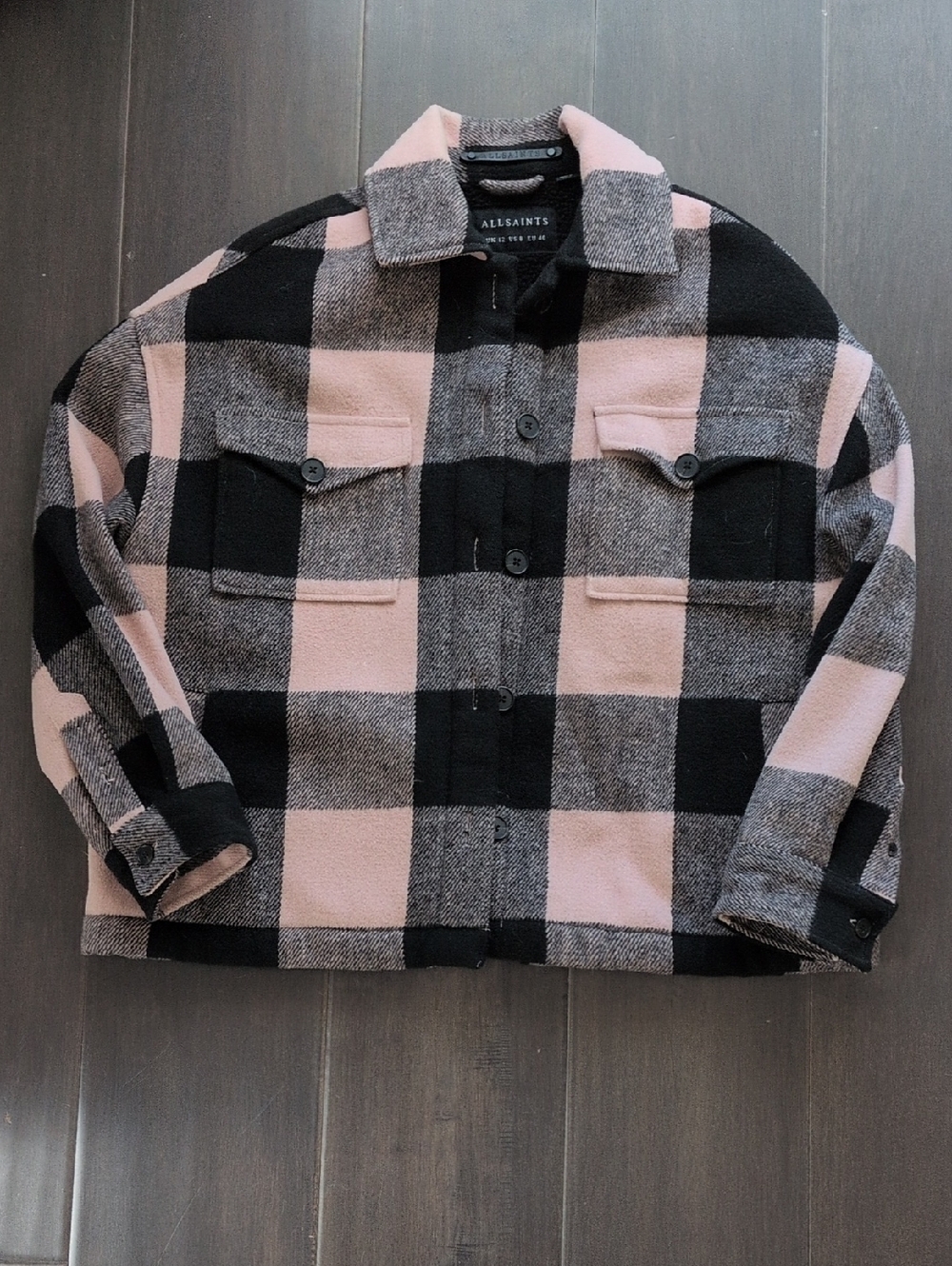 AllSaints Pink and Black Plaid Sherpa Lined Jacket